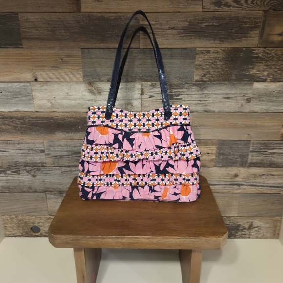 Vera Bradley Pink, Navy & Orange Tote Bag with Geometric Flower & Ruffle Design - Picture 3 of 9